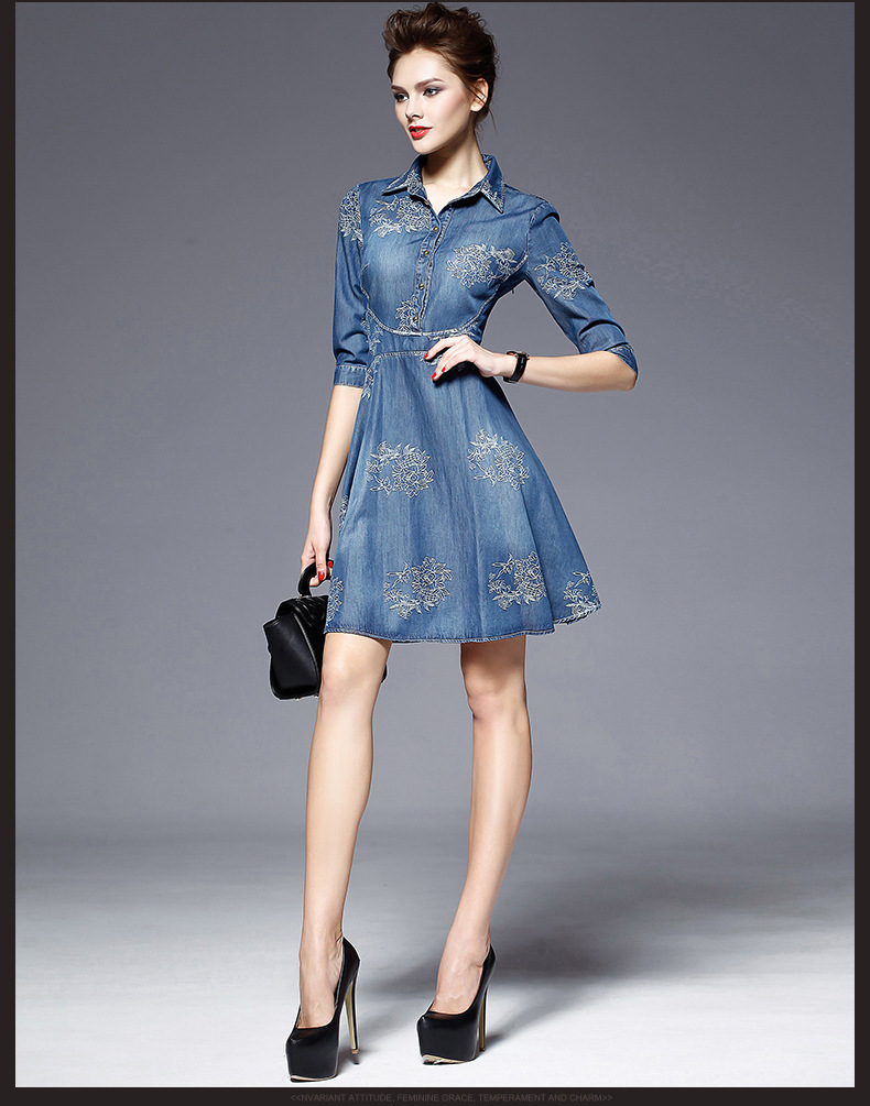 SZ60041 Stylish Embroidery Polo Neck Half Sleeve Denim Midi Skater Dress